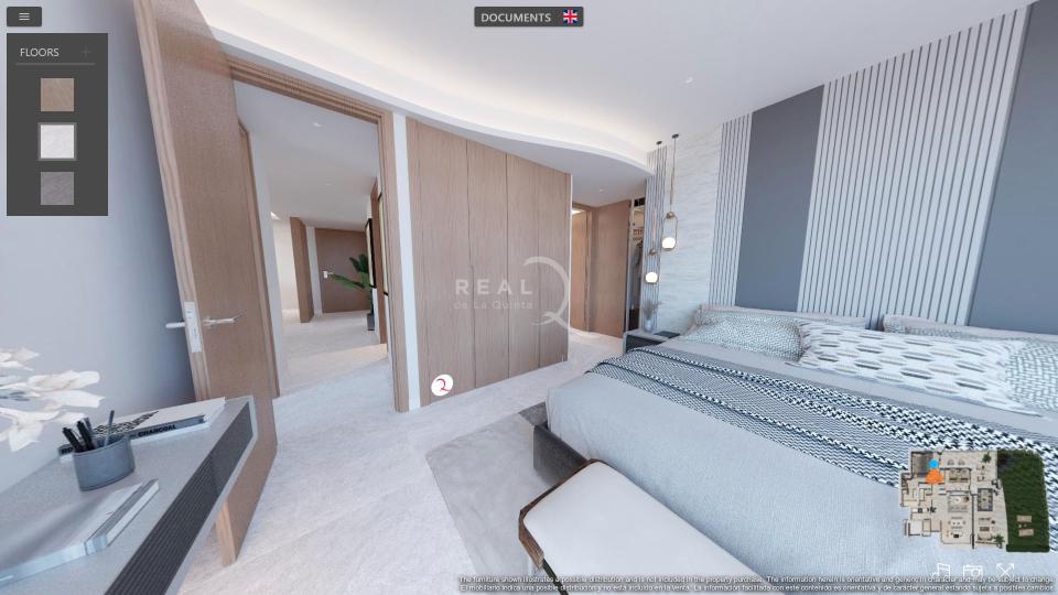 Master bedroom, with wood finishes and white floor