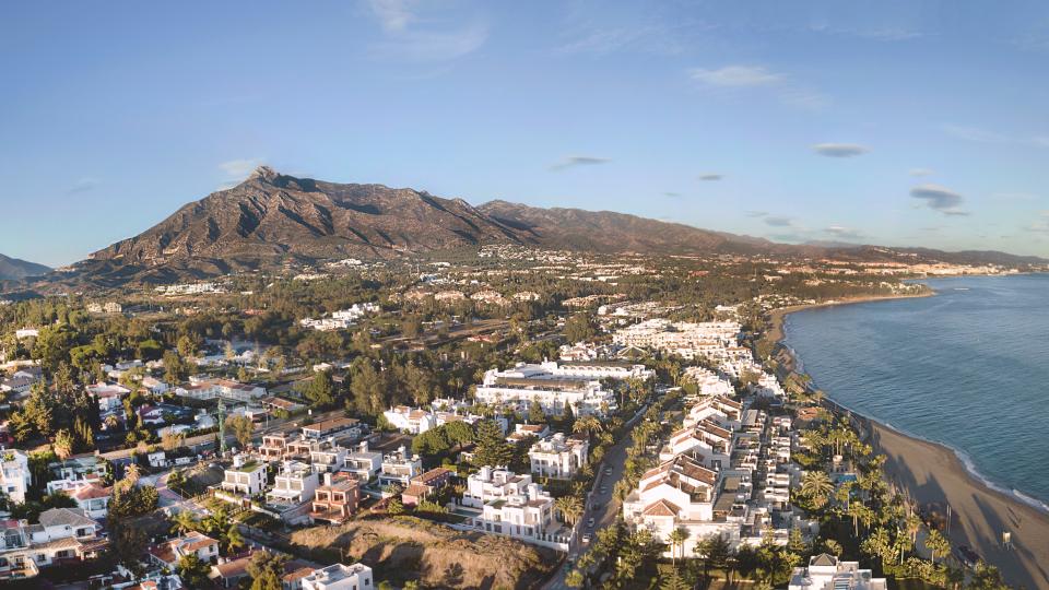 Beautiful aerial Panoramic View of Marbella, Nueva Andalucia and Puerto Banus area